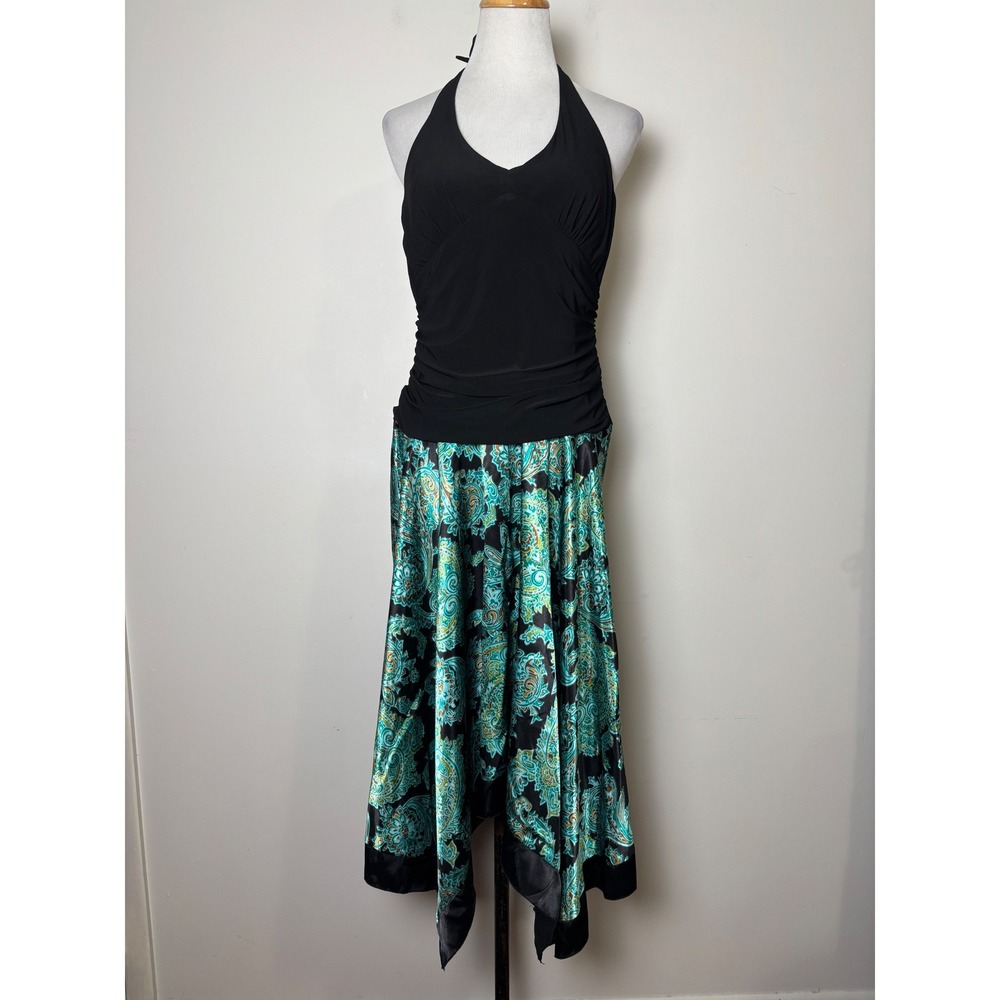 Vintage Y2K JBS Halter Handkerchief Hem Midi Dress 14 Satin Paisley Fairy Goth